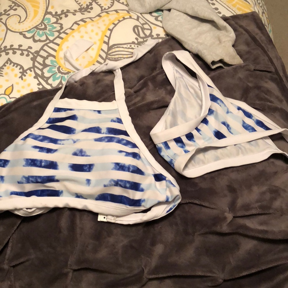 Blue and white halter swimsuit